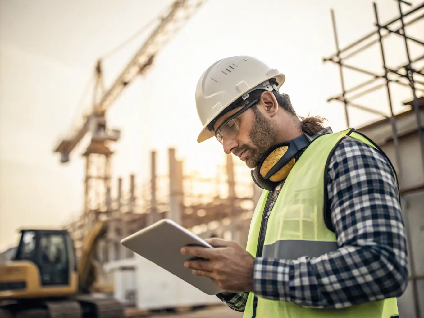 A photograph of a construction worker smiling and confidently using a tablet on a job site, showcasing how Digivize's services can help tradespeople manage their business efficiently.