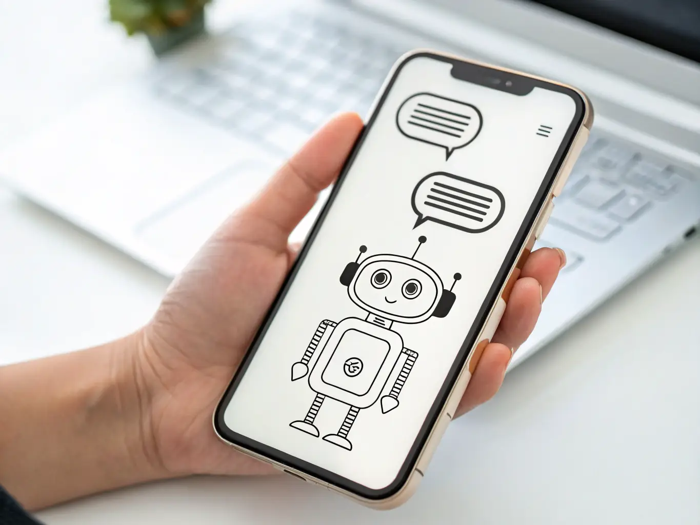 An illustration of a chatbot interface on a smartphone screen, with a friendly AI icon and conversation bubbles, representing Digivize's AI Chatbots service.
